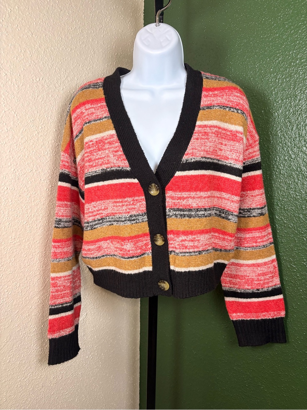 Striped V-Neck Button Front Women’s Sweater Cardigan - Red & Mustard